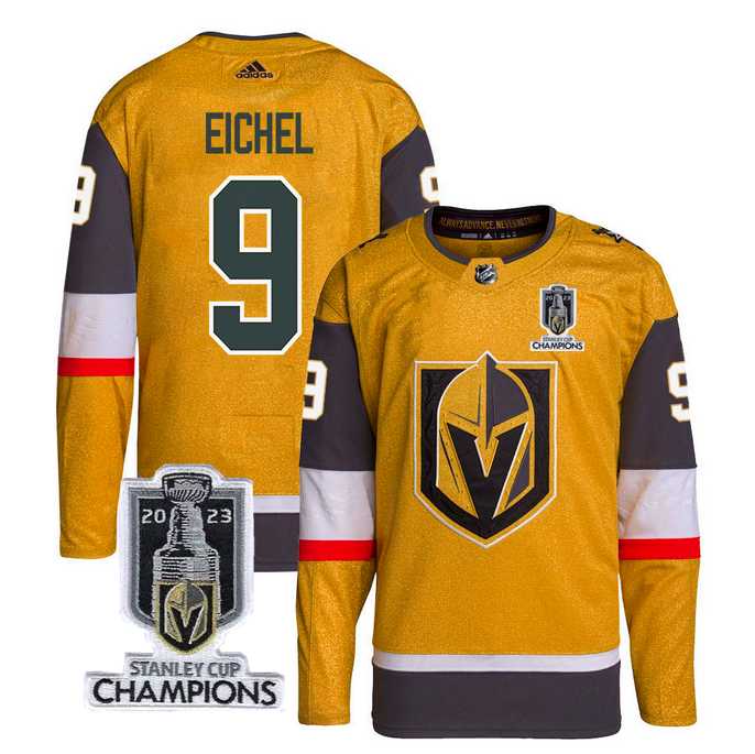 Men%27s Vegas Golden Knights #9 Jack Eichel Gold 2023 Stanley Cup Champions Stitched Jersey